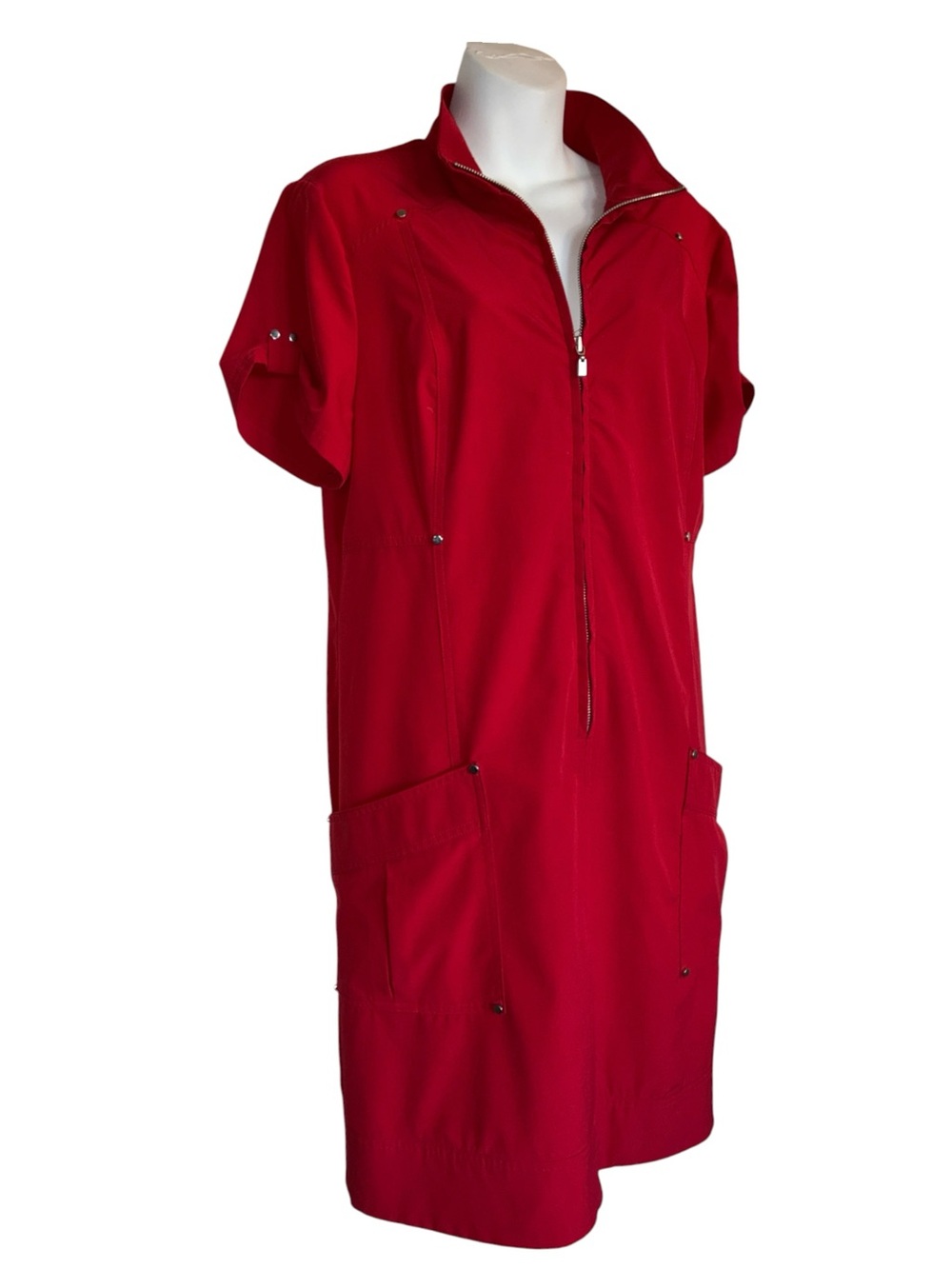 Chico's Zenergy Dress women's 2 (L) Red Short-Sleeve, Zip-Front, Pockets. EUC